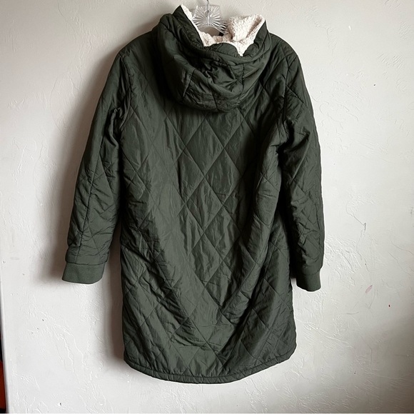 Love Tree Olive Green Longline Quilted Reversible Sherpa Teddy Winter Coat - Picture 5 of 6